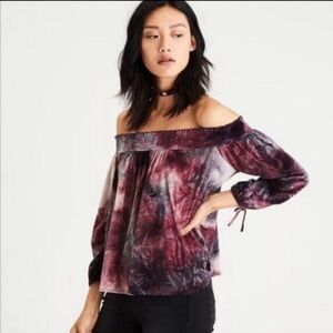 American Eagle Women’s Off the Shoulder Purple Tie-Dye Velvet Blouse, Size Small